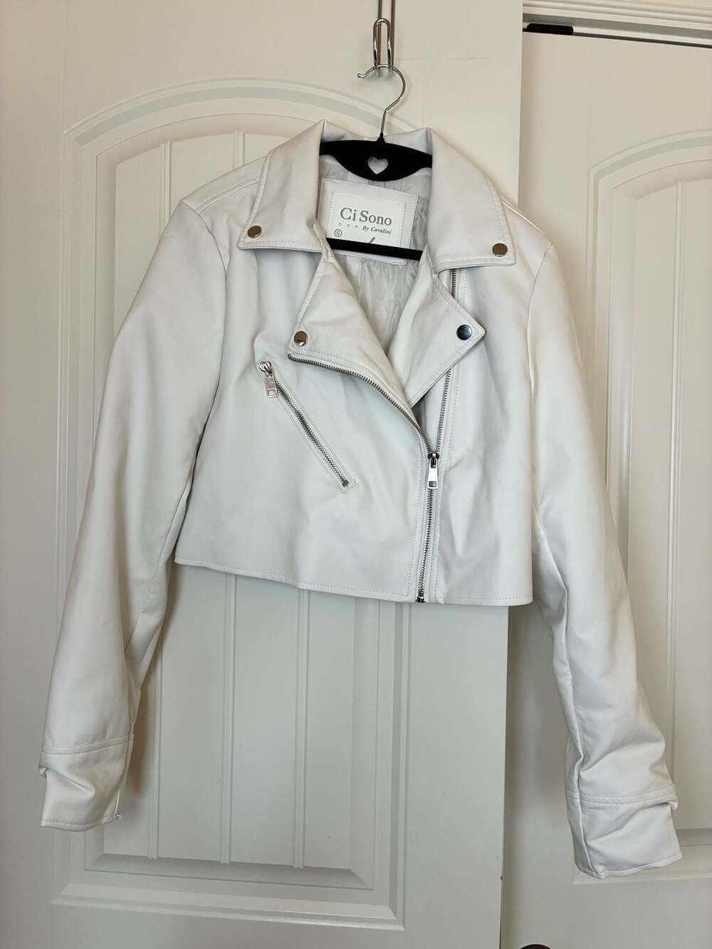 Ci Sono by Cavalini White Faux Leather Crop Moto Jacket Size S